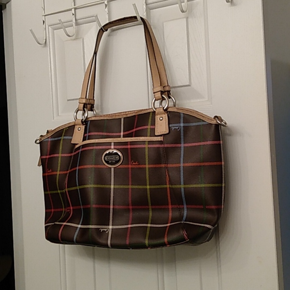 Coach Peyton Tattersall Leather Tote F24390 Shoulder Bag Handbag Purse